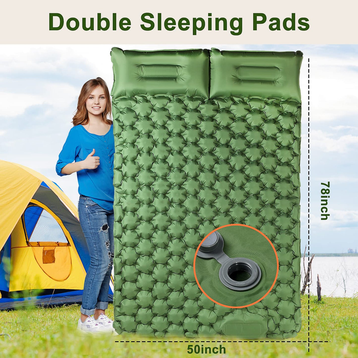 Double Sleeping Pad for Camping - Self Inflating Camping Mattress with Pillow/Ultralight Waterproof Sleeping Mat for Backpacking